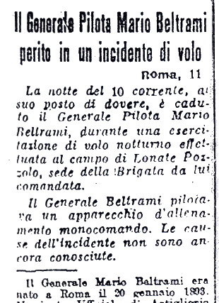 L'annuncio della morte del generale Beltrami su "Cronaca Prealpina" del 12 aprile 1936