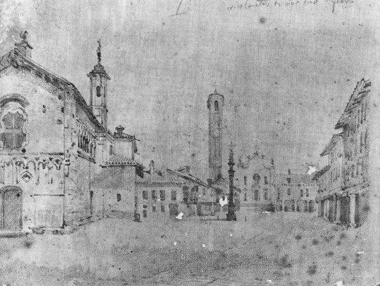 Veduta di autore ignoto della piazza maggiore di Gallarate a fine '700: in primo piano, la chiesa di San Pietro e la quinta dei portici tuttora esistenti; sullo sfondo l'antica Collegfata, demolita nel 1856.