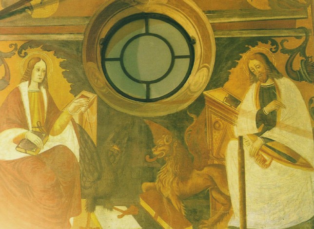 Gli evangelisti Giovanni e Marco con i rispettivi simboli, affreschi cinquecenteschi nell'abside della Chiesa Parrocchiale di Lonate Pozzolo