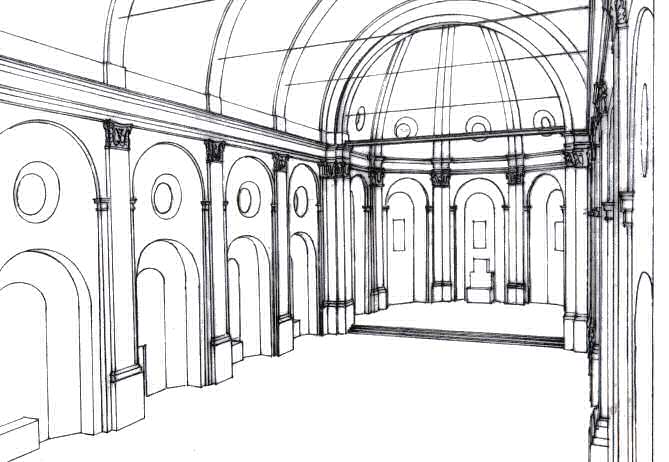 Qui sopra: ricostruzione ideale dell'interno della chiesa con le nicchie alle pareti, distrutte poi durante la ristrutturazione della chiesa del 1852-57 (disegno di A.Spada)