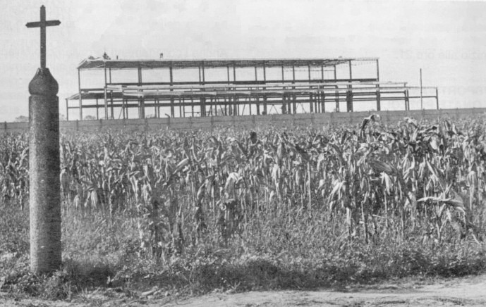 Lonate, 1968: campo di granoturco, una "stazione" delle litanie campestri, un capannone in costruzione. Immagine significativa del passaggio dall'agricoltura all'industria