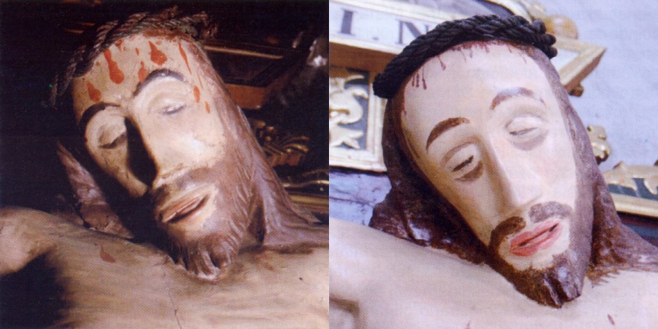 Particolare del volto di Cristo messo a confronto: prima e dopo l'intervento di restauro conservativo