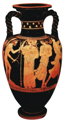 Ánfora ática con figuras rojas, Ulises y Nausícaa, mitad del siglo V a.C.