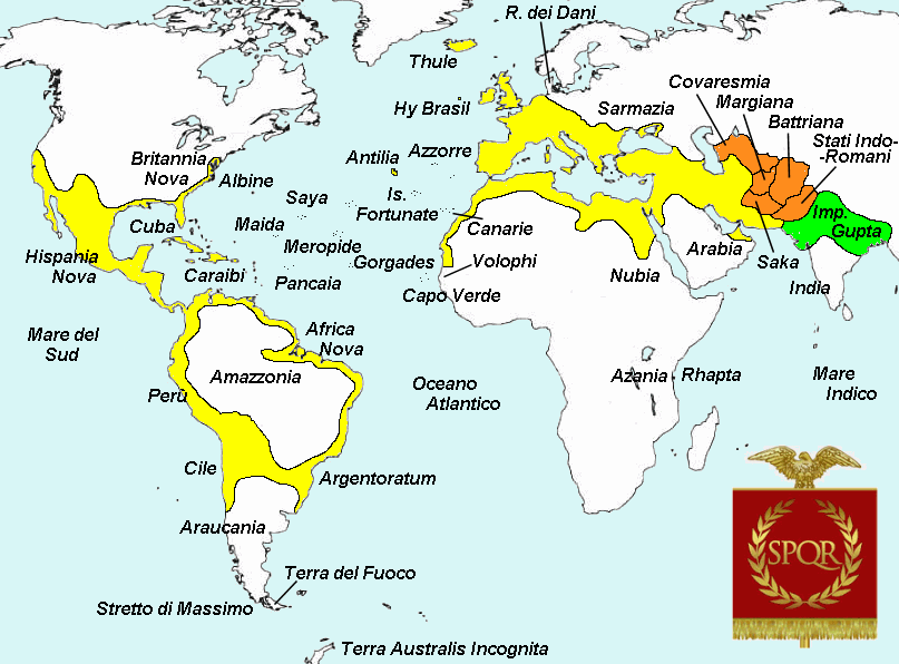 In giallo: l'Impero Romano nel 257 d.C. In arancione: regni clienti di Roma, In verde: l'Impero Gupta.