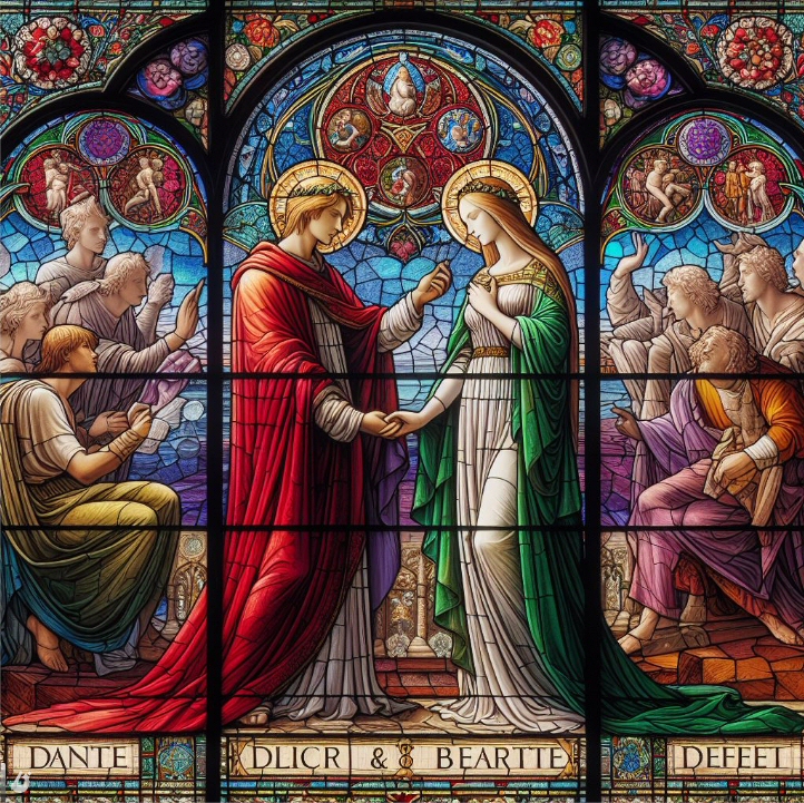 I giovani Dante e Beatrice sposi su una vetrata di Santa Maria del Fiore