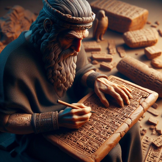 Il patriarca Enoch, inventore della scrittura, compone il libro che porta il suo nome (immagine creata con Bing)