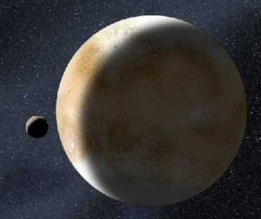 Eris e il suo satellite Disnomia (disegno di Thierry Lombry)