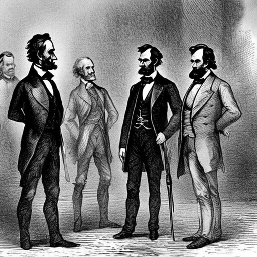 Abraham Lincoln tratta l'indipendenza degli Stati Confederati d'America con Jefferson Davis alla presenza del Generale Lee (immagine creata con openart.ai)