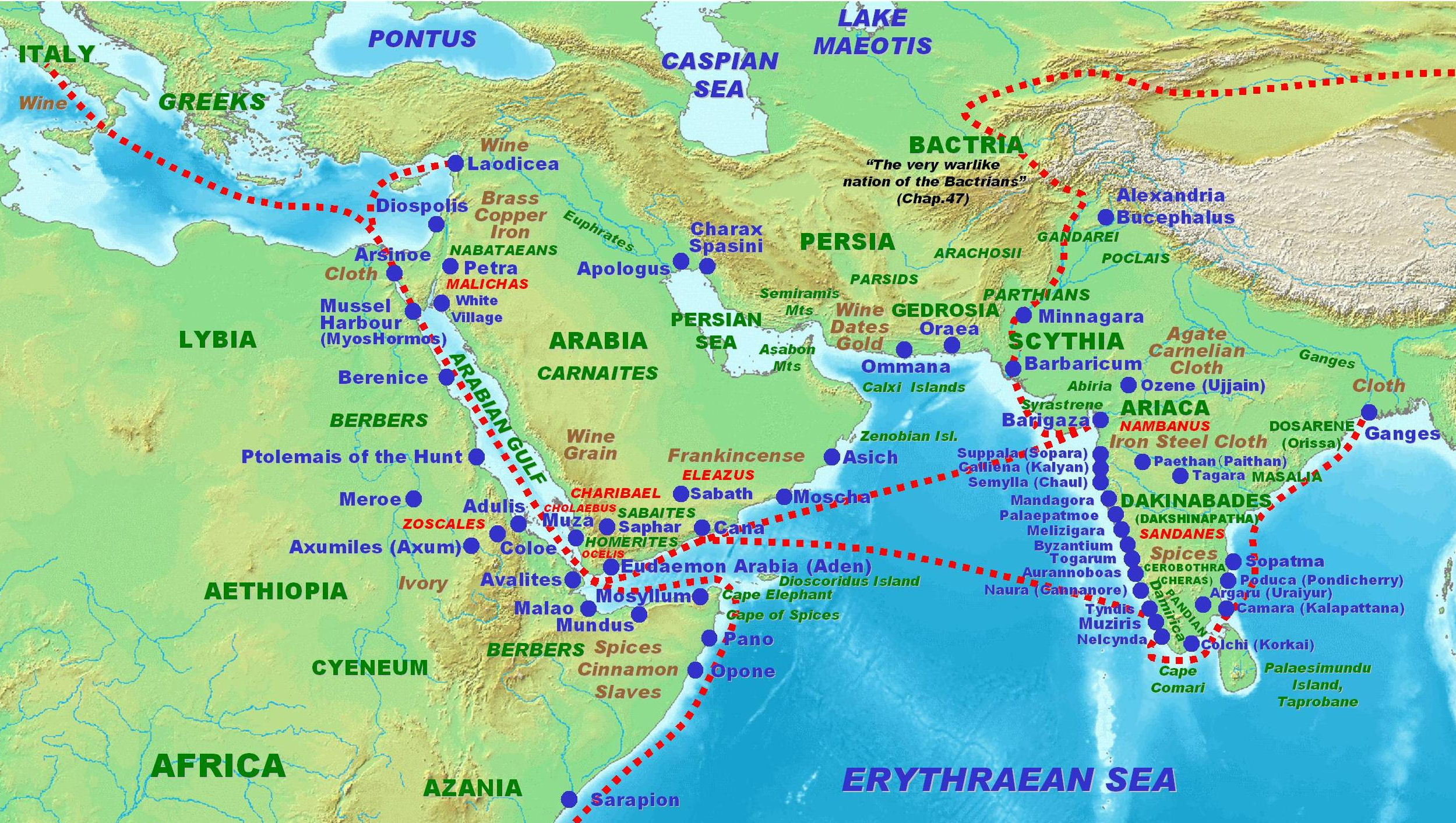 Mappa (nomi romani) del commercio dell'oceano indiano (mar Eritreo)
