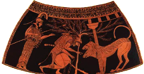 Atena, Eracle e Cerbero, pittura vascolare, Louvre