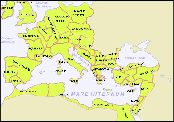 Le province dellImpero Romano nel 66, dopo le guerre germaniche e britanniche (cliccare per ingrandire)