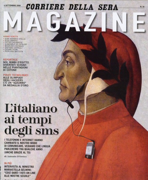 Copertina del "Corriere della Sera Magazine" del 4 settembre 2008: Dante con il cellulare! (copyright RCS)