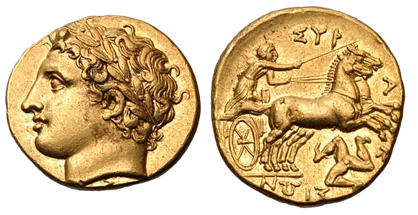 Moneta di Agatocle di Siracusa, raffigurato con le sembianze di Apollo