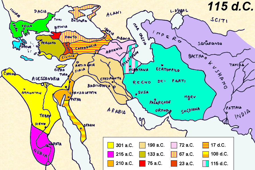 Estensione dell'Impero Tolemaico dalla sua fondazione fino al 115 d.C.