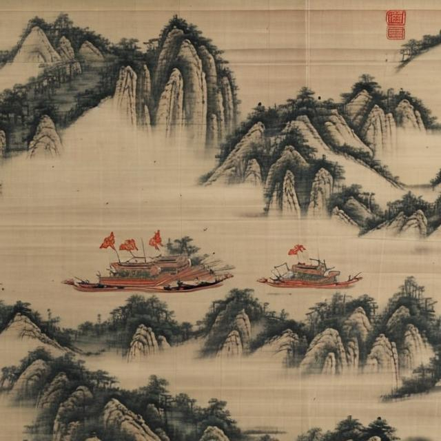 Le navi di Zheng He tra le isole dei Caraibi in un'antica stampa cinese (creata con openart.ai)