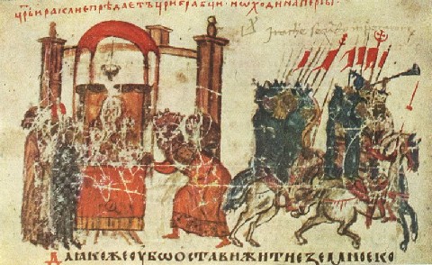 L'imperatore d'occidente Eraclio I entra a Damasco da trionfatore, miniatura
