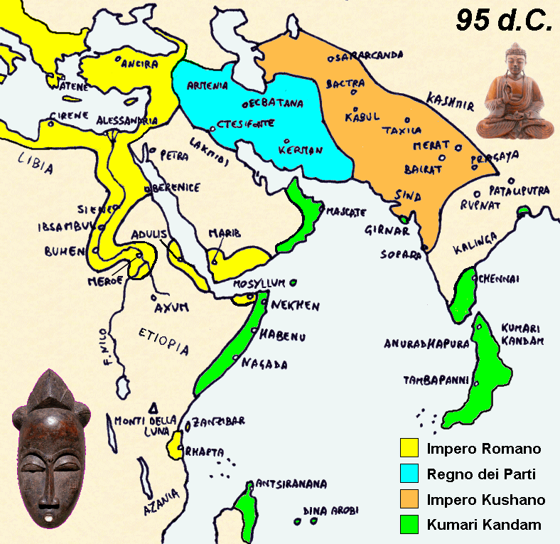 Espansione dell'Impero Romano e del Kumari Kandam fino al 95 d.C.