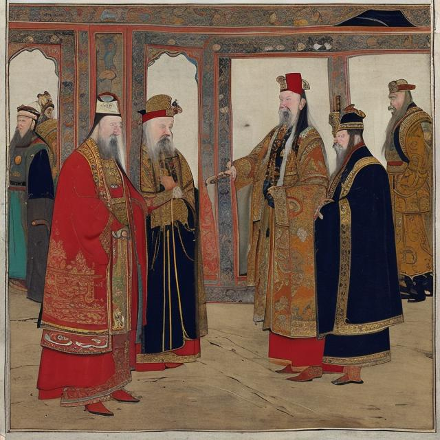 Dipinto cinese in cui Carlo Magno incontra l'imperatore Tang De Zong (creata con openart.ai)