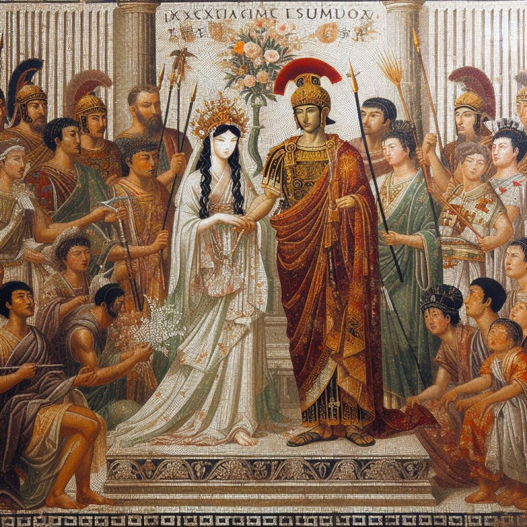 Il matrimonio tra Himiko e Alessandro Severo in un antico mosaico romano (realizzata con Bing Image Creator)