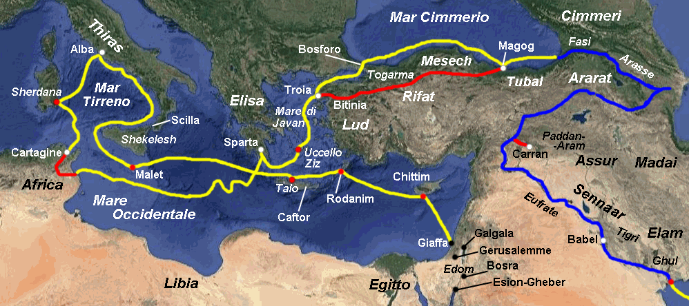 Itinerario dei prodi di Davide attraverso il Mediterraneo fino al ritorno a Giaffa