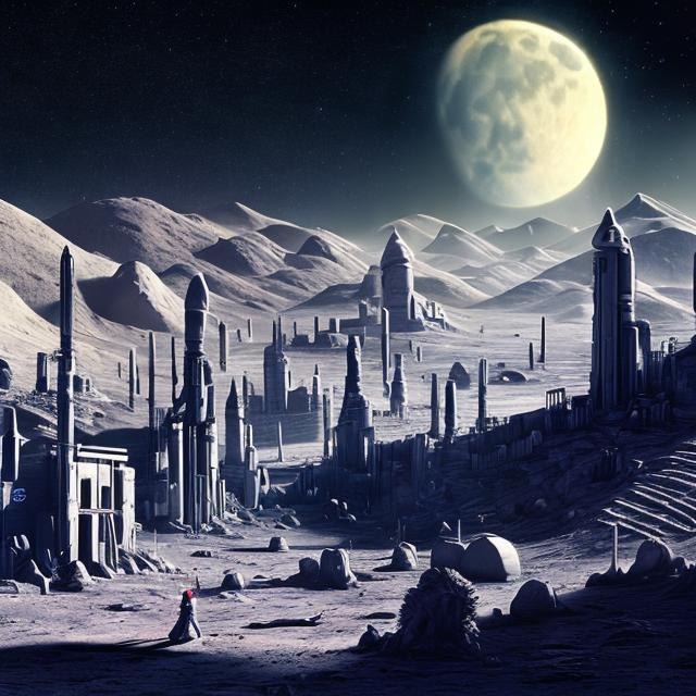 Una città aliena costruita su una Terra arida nell'era Precambriana, quando la Luna era molto più vicina alla Terra! (creata con openart.ai)