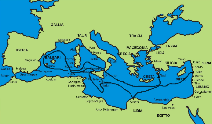 I viaggi di Areo attraverso il Mediterraneo (cliccare per ingrandire)