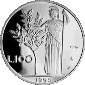 La moneta da 100 lire italiane con Atena e l'albero d'ulivo