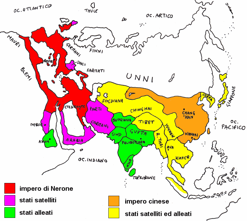L'Eurasia nel 100 d.C., disegno dell'autore
