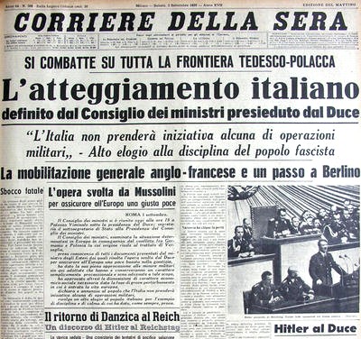 Prima pagina del Corriere della Sera del 2 settembre 1939
