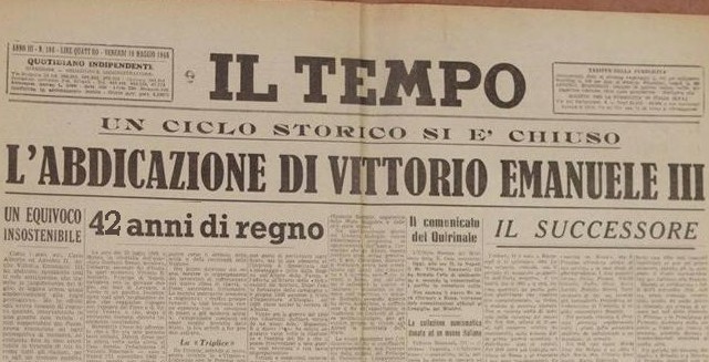La testata de "Il Tempo" del 29 dicembre 1943, all'indomani dell'abdicazione di Vittorio Emanuele III