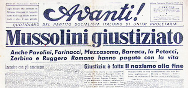La testata dell'"Avanti!" del 29 aprile 1945, con la notizia della fine di Mussolini