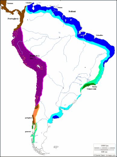 Situazione del Sudamerica nel XVII secolo, prima della guerra di Spagna e del trattato di devoluzione (cliccare sull'immagine per ingrandirla)