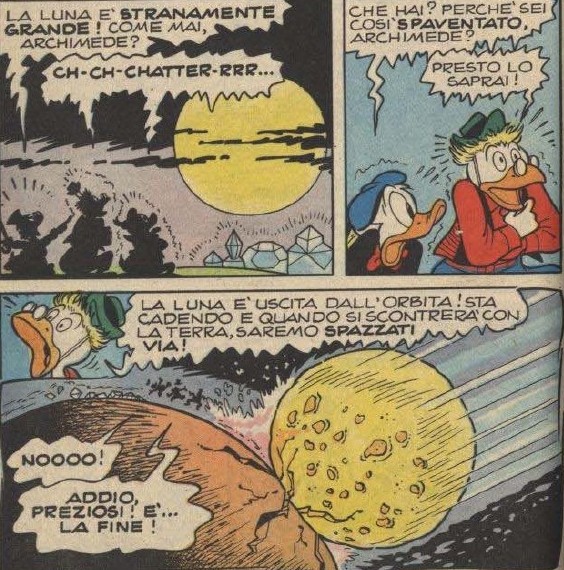 La Luna si schianta sulla Terra nella storia a fumetti "La scorribanda nei secoli" di Jerry Siegel e Romano Scarpa (da "Topolino" n 911 del 13 maggio 1973)