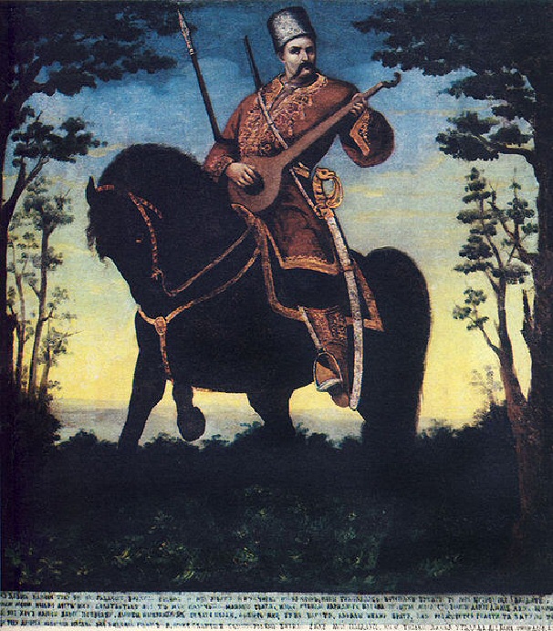 Un libero cavaliere varego con la tipica spada ricurva e il bandura, strumento a corde