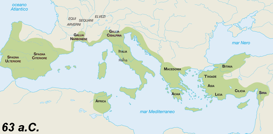 Le province romane nel 63 a.C.; tra le altre ad oriente si vede la Provincia di Troade
