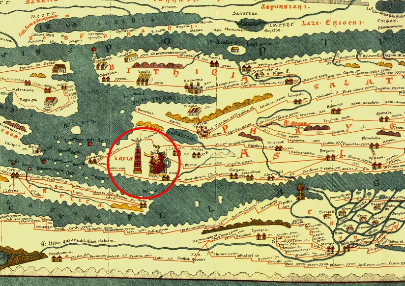 La città di Troia (nel circolo rosso) sulla "Tabula Peutingeriana", copia di un'antica carta stradale romana