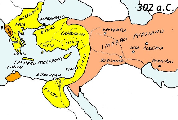 LImpero Macedone sotto Alessandro IV, con la divisione in province e gli stati satelliti (cliccare per ingrandire)