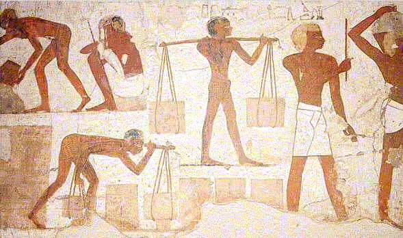 Schiavi al lavoro in un cantiere egiziano, dipinto su parete tombale