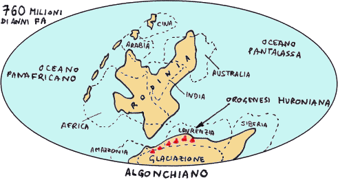 I continenti alla metà dell'Agonchiano, disegno dell'autore