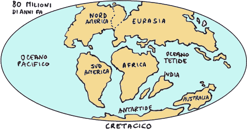 I continenti alla fine del Cretacico, disegno dell'autore
