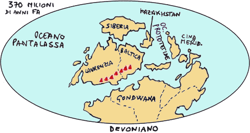 I continenti alla fine del Devoniano, disegno dell'autore