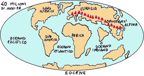 I continenti alla fine dell'Eocene, disegno dell'autore