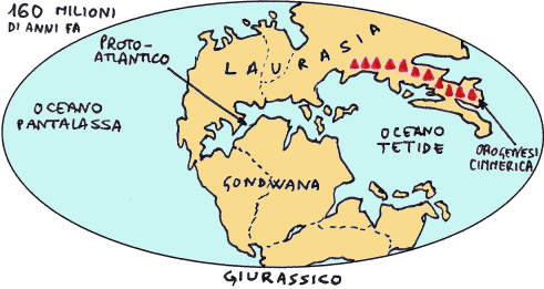 I continenti alla met del Giurassico, disegno dell'autore