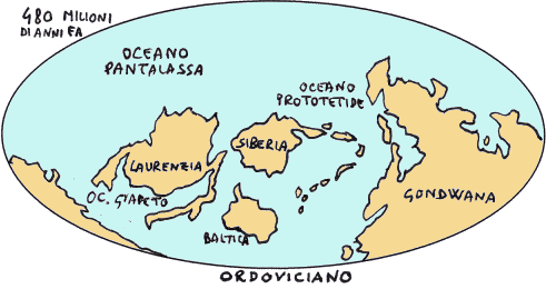 I continenti all'inizio dell'Ordoviciano, disegno dell'autore