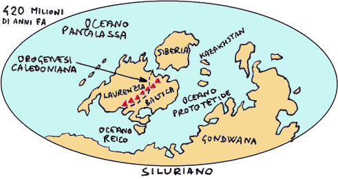 I continenti alla metà del Siluriano, disegno dell'autore