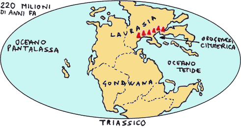 I continenti alla fine del Triassico, disegno dell'autore