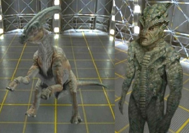 Cos viene immaginata l'evoluzione di un adrosauro (a sinistra) in un essere bipede dotato di ragione (a destra) nella puntata di "Star Trek, Voyager" intitolata "L'Origine delle Specie"