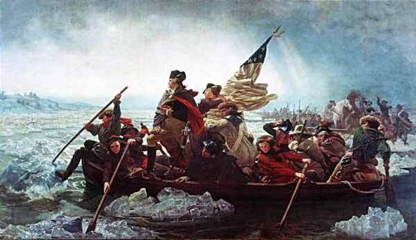 Il generale George Washington attraversa il barca il fiume Delaware ghiacciato nella notte di Natale del 1776, dipinto di Emmanuel Leutze