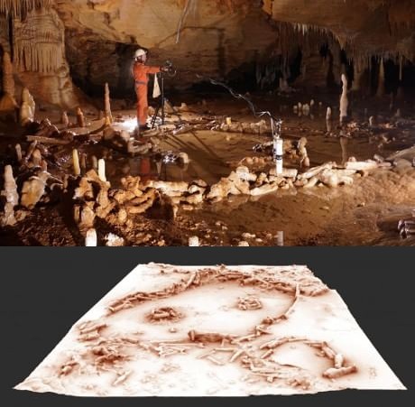 Foto e ricostruzione in 3D delle strutture della grotta di Bruniquel. (Cortesia Etienne FABRE - SSAC)