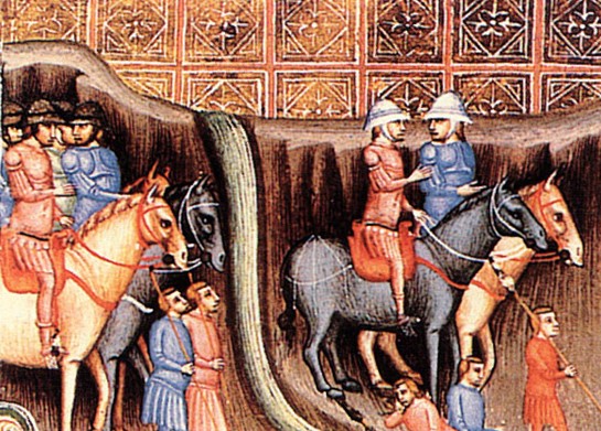 Gedeone guada il Giordano con il suo esercito, miniatura del XIV secolo presso la Biblioteca Nazionale di Vienna